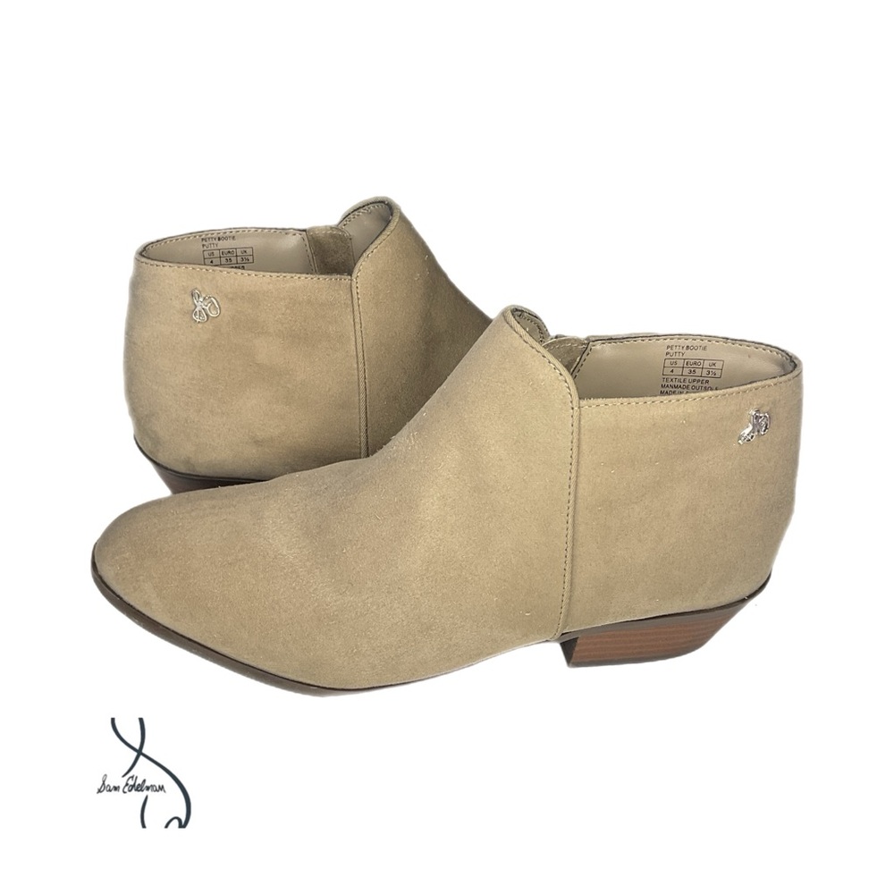 Sam Edelman “Petty Bootie” Sz 4 Putty/Tan Suede Heel Chelsea, also fits Youth 2